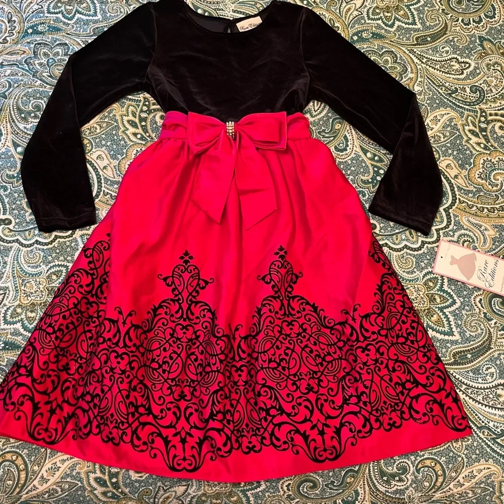 Rare Editions Girls Party Dress Black Stretch Velvet Red Satin Size 12 NWT